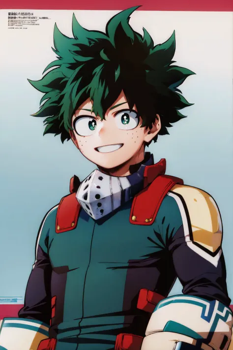 (masterpiece, best quality:1.2), <lora:style_horikoshi_kouhei-20:1>, <lora:mha_midoriya-10:1>, cowboy shot, solo, male focus, 1boy, midoriya izuku, grin, looking at viewer, short green hair, green eyes, green bodysuit, white gloves