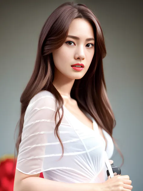 Nikon RAW photo,8k ,Fujifilm XT3, masterpiece, best quality, realistic, photorealistic,ultra detailed, imjinah, nana, 1girl, female, solo,long hair, looking at the viewer, red lips, wet, slim face, sexy aura, actress, korean, sexy, portrait, nana, imjinah, dress,