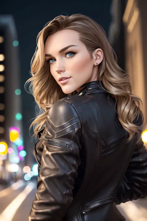 a photo of S080_AlexAnn, a stylish woman, in (downtown:1.25), wearing a (leather-jacket:1.1), (night-time:1.2), (8k, RAW photo, best quality, ultra high res, depth of field:1.2), (absurdres, intricate, photorealistic, masterpiece, ultra-detailed, Unreal Engine:1.3)