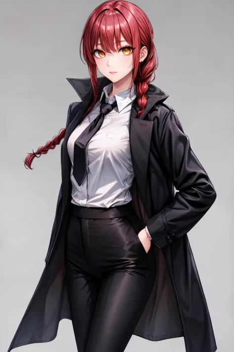 (masterpiece, best quality), <lora:makima-lora-Faxtron:0.8> makima, yellow eyes, ringed eyes, red hair, braided ponytail, medium breasts, long sleeves, white shirt, black pants, black necktie, black shoes, black coat,
<lora:add_detail:0.8>,