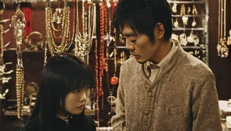 <lora:Roger_Deakins_Cinematography_XL:1>, Mori Kei, Jewelry store,, movie still, Thriller Genre