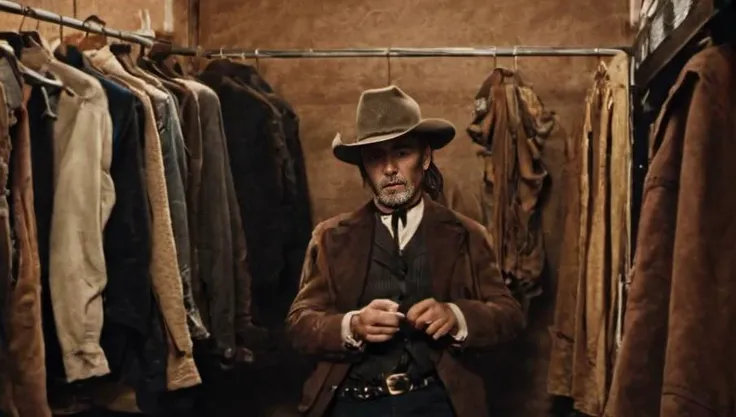 <lora:Roger_Deakins_Cinematography_XL:1>, Crowcore, Dressing room,, movie still, Western Genre