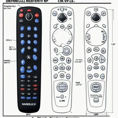 A highly detailed exploded view of a tv remote. Dimensions, (drafting:1.1), plans, several views. (buildit:1.3)