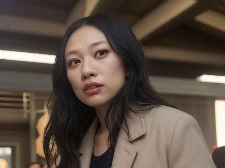 jesshong 1girl, solo, thick hair, brown cashmere overcoat, make up, shadows, high ceiling, cinematic lighting, dslr, shadows, 50mm, f1.2