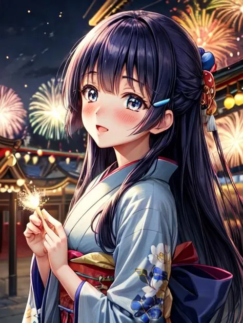 best quality, masterpiece, highres, detailed, perfect anatomy, <lora:Detail - add_detail:0.2> <lora:Reika:0.75>, aoki reika, blue hair, long hair, yellow hair clips, oriental park, kimono, fireworks, night, full-face blush, festival,