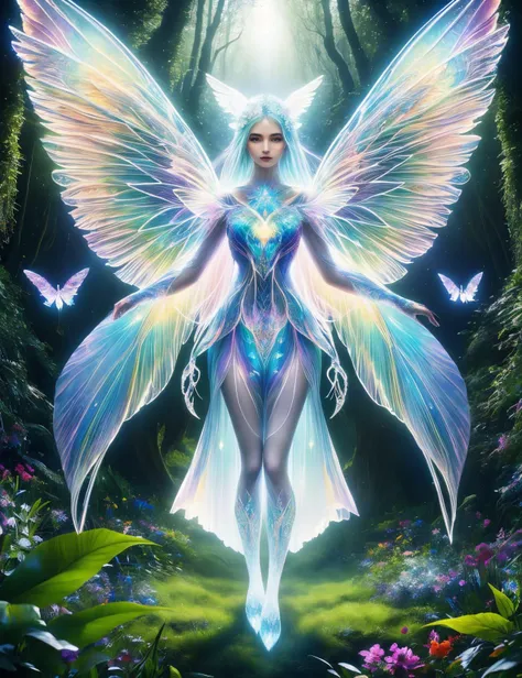 hyper detailed masterpiece, dynamic, awesome quality,DonMSp3ctr4l,vibrant spectral,asrai, enchanting ethereal creature, beauty, nature, protectors creatures, sacred places, 1 to 2 feet tall, delicate wings, delicate wings, flit through the air, fantasy  <lora:DonMSp3ctr4l-000008:0.8>