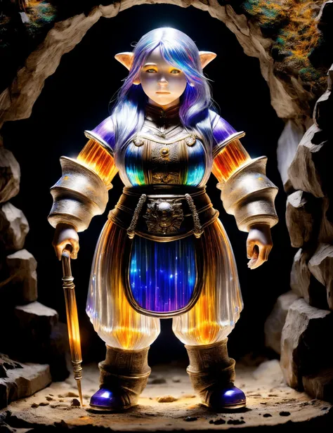 hyper detailed masterpiece, dynamic, awesome quality,DonMSp3ctr4l,vibrant spectral,female dwarf, dwarf, short-statured humanoid being, 3 to 4 feet tall, skilled craftsmen,expertise in mining and blacksmithing, resilience, determination, fantasy <lora:DonMSp3ctr4l-000008:0.8>