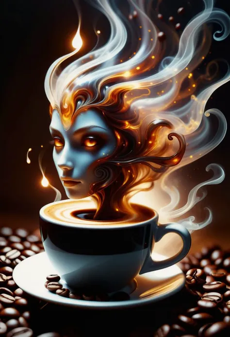 hyper detailed masterpiece, dynamic, awesome quality,female coffee spirit, transparent Ethereal entity embodying the essence of coffee,
aroma of freshly brewed coffee, eyes shimmer like coffee beans,
swirls of steam, human-like form, energy, inspiration, warmth, cozy morning, kitchen, spreading comfort and alertness,
accessories related to coffee culture, rising from a coffee cup <lora:DonMW15pXL-000008:0.5> <lora:DonMSp3ctr4l:0.65> DonMSp3ctr4l