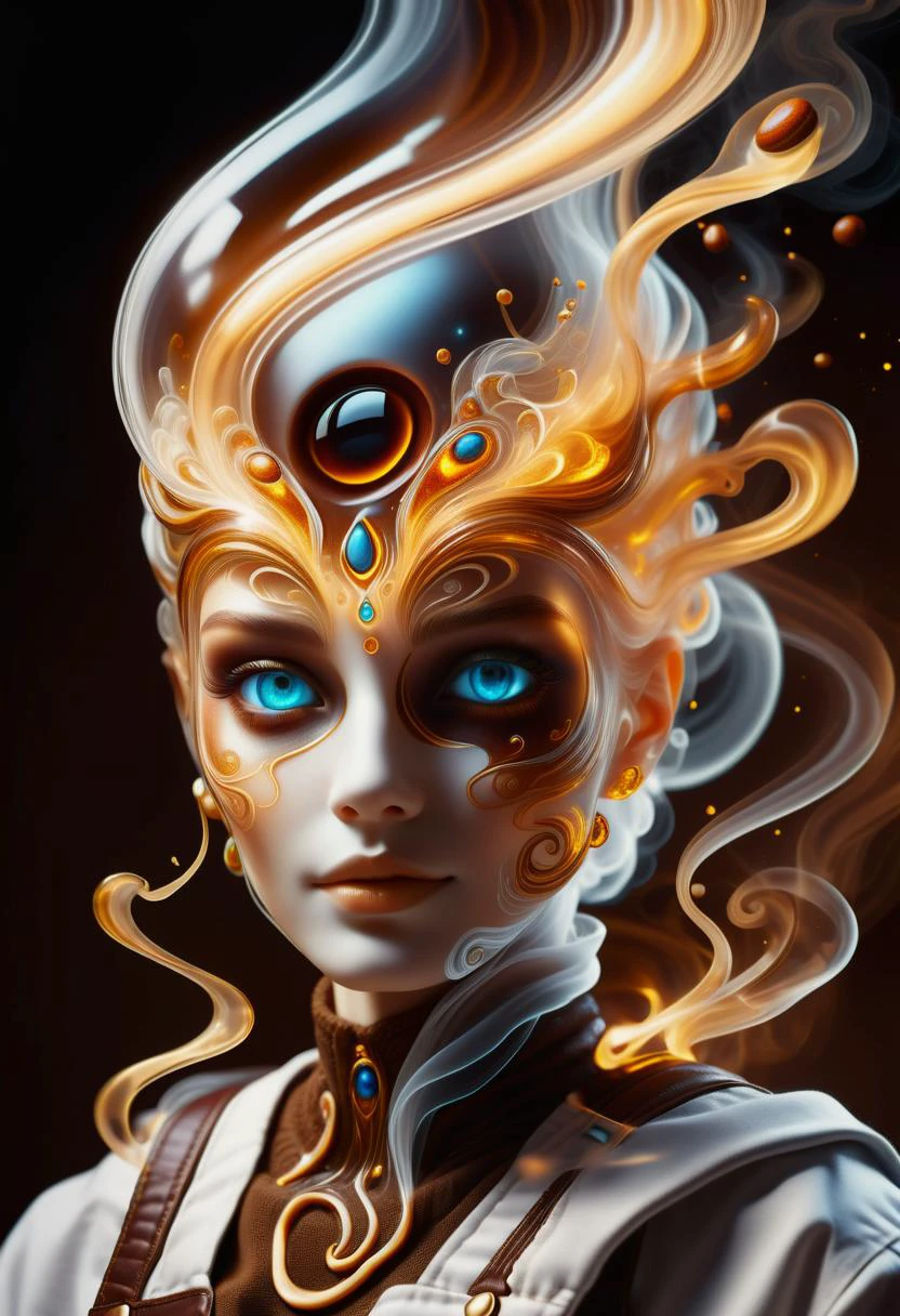 hyper detailed masterpiece, dynamic, awesome quality,female coffee spirit, transparent Ethereal entity embodying the essence of coffee,
aroma of freshly brewed coffee, eyes shimmer like coffee beans,
swirls of steam, human-like form, energy, inspiration, warmth, cozy morning, bar, spreading comfort and alertness,
accessories related to coffee culture, barista apron <lora:DonMW15pXL-000008:0.5> <lora:DonMSp3ctr4l:0.65> DonMSp3ctr4l