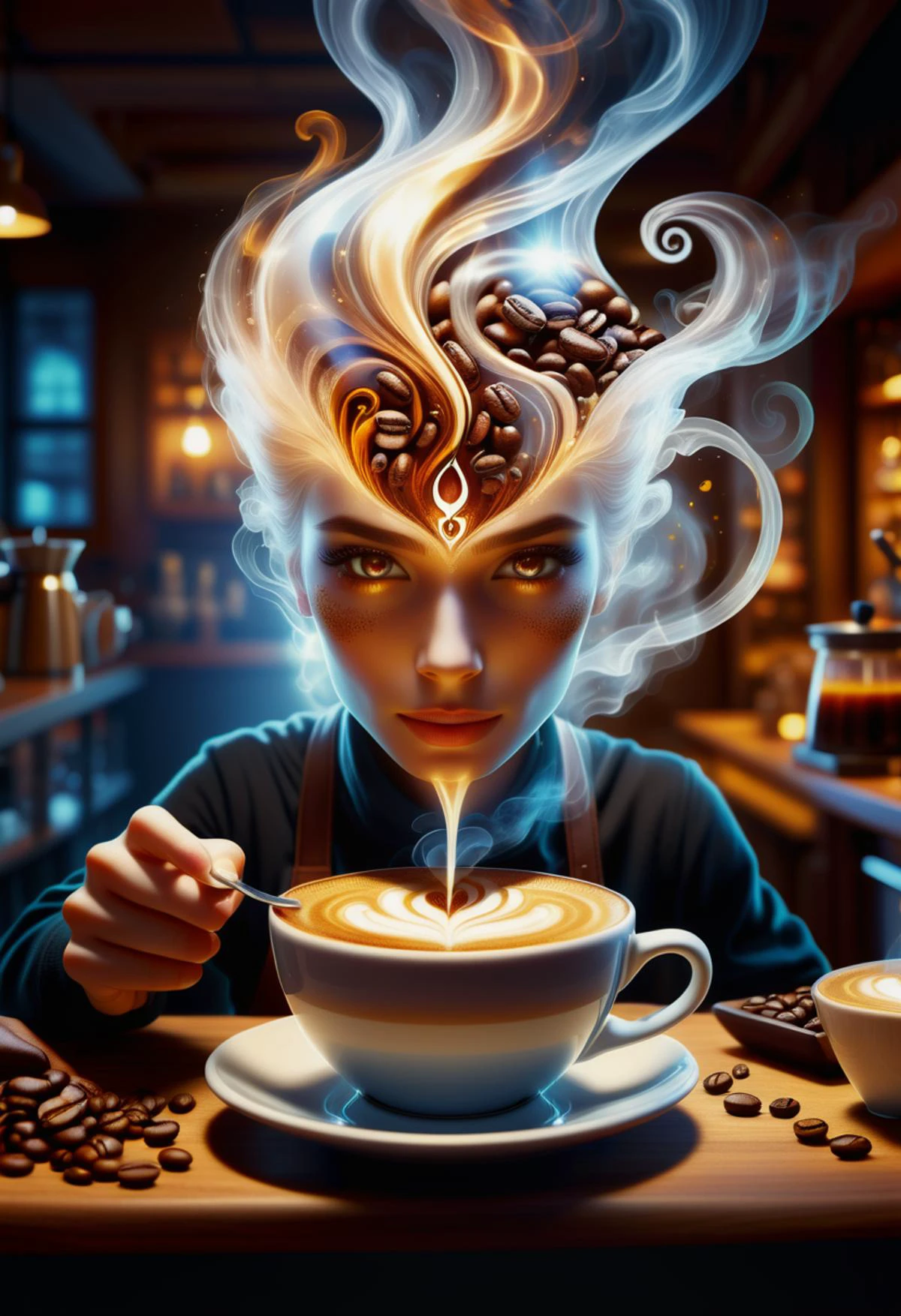 hyper detailed masterpiece, dynamic, awesome quality,female coffee spirit, transparent Ethereal entity embodying the essence of coffee,
aroma of freshly brewed coffee, eyes shimmer like coffee beans,
swirls of steam, human-like form, energy, inspiration, warmth, cozy morning, bar, spreading comfort and alertness,
accessories related to coffee culture, barista apron <lora:DonMW15pXL-000008:0.5> <lora:DonMSp3ctr4l:0.65> DonMSp3ctr4l