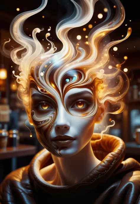 hyper detailed masterpiece, dynamic, awesome quality,female coffee spirit, transparent Ethereal entity embodying the essence of coffee,
aroma of freshly brewed coffee, eyes shimmer like coffee beans,
swirls of steam, human-like form, energy, inspiration, warmth, cozy morning, bar, spreading comfort and alertness,
accessories related to coffee culture, rising from a coffee cup <lora:DonMW15pXL-000008:0.5> <lora:DonMSp3ctr4l:0.65> DonMSp3ctr4l