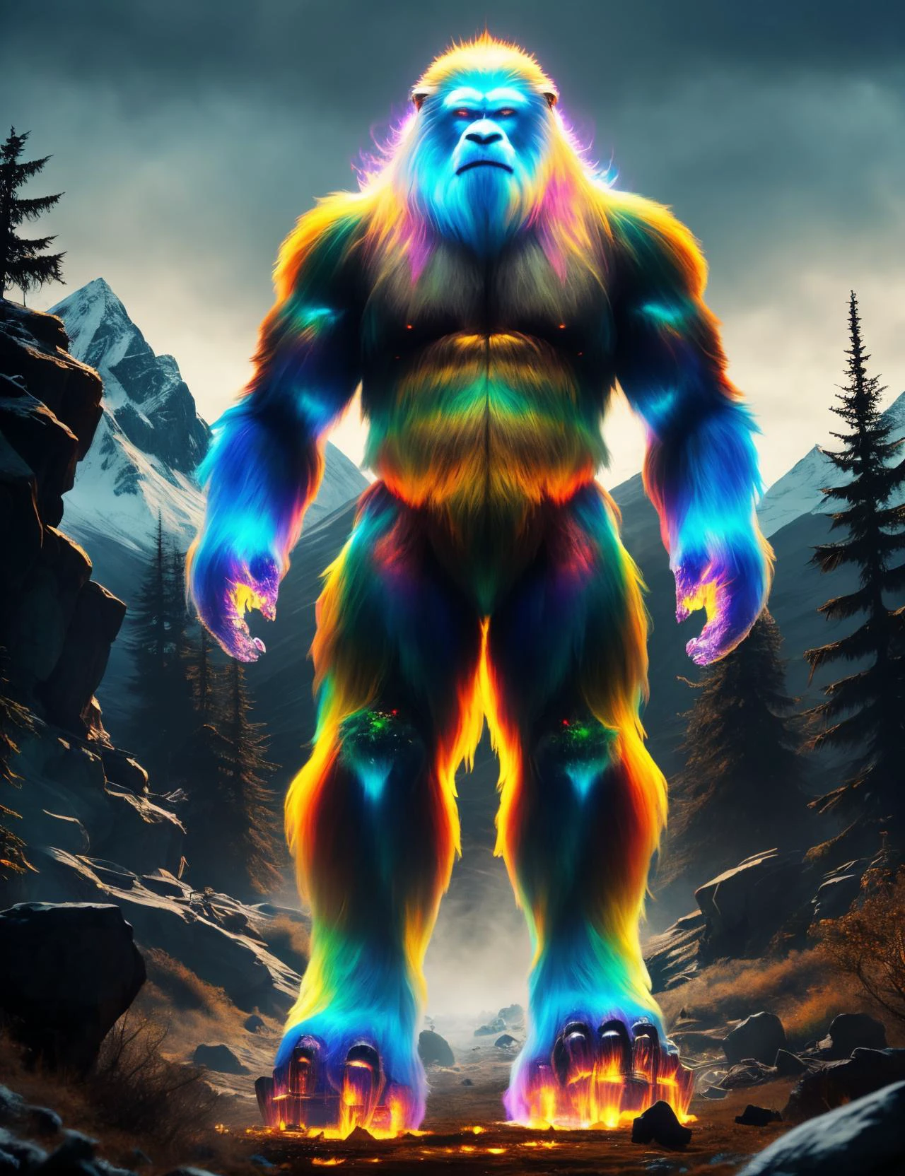 hyper detailed masterpiece, dynamic, awesome quality,DonMSp3ctr4l,vibrant spectral,yeti, cryptid large humanoid ape-like creature, brown fur, thick stocky build, long arms, hunched stooped posture, prominent brow ridge, elusive, mysterious, mountain-dwelling, molten,affectionate,tranquility,trendy,escheresque,content,pyre,apocalyptic <lora:DonMSp3ctr4l-000008:0.8>