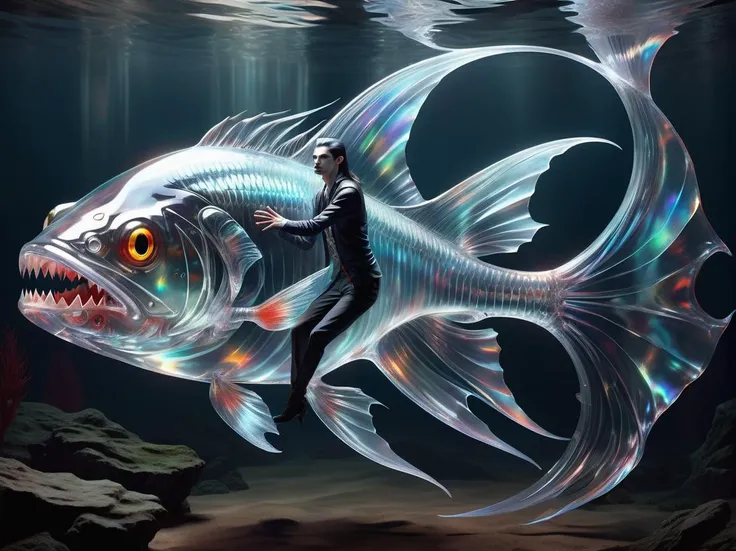 hyper detailed masterpiece, dynamic realistic digital art, awesome quality,transparent, transluscent vampire, upper body of a human and the lower body of a fish, beautiful, alluring, fantasy, separated,curving,sombre,cultural fusion,open,sorcerous,efficiency,spacious <lora:DonMSp3ctr4lXL:0.8> DonMSp3ctr4lXL