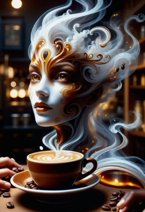 hyper detailed masterpiece, dynamic, awesome quality,female coffee spirit, transparent Ethereal entity embodying the essence of coffee,
aroma of freshly brewed coffee, eyes shimmer like coffee beans,
swirls of steam, human-like form, energy, inspiration, warmth, cozy morning, kitchen, spreading comfort and alertness,
accessories related to coffee culture, barista apron <lora:DonMW15pXL-000008:0.5> <lora:DonMSp3ctr4l:0.65> DonMSp3ctr4l