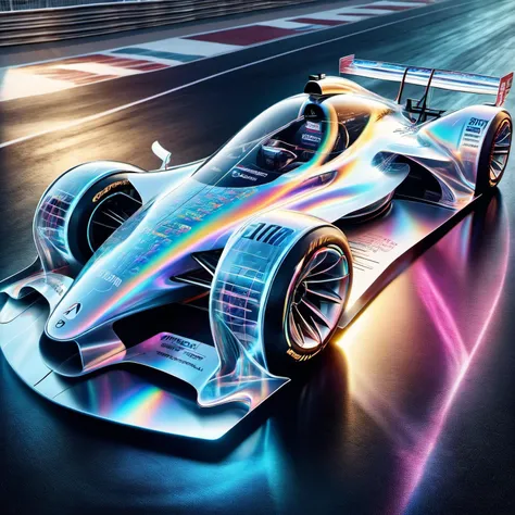 DonMSp3ctr4lXL, A spectral F1 race car with holographic styling on a futuristic race track, <lora:DonMSp3ctr4lXL:1> <lora:EnvyBetterHiresFixXL01:0:hr=1>