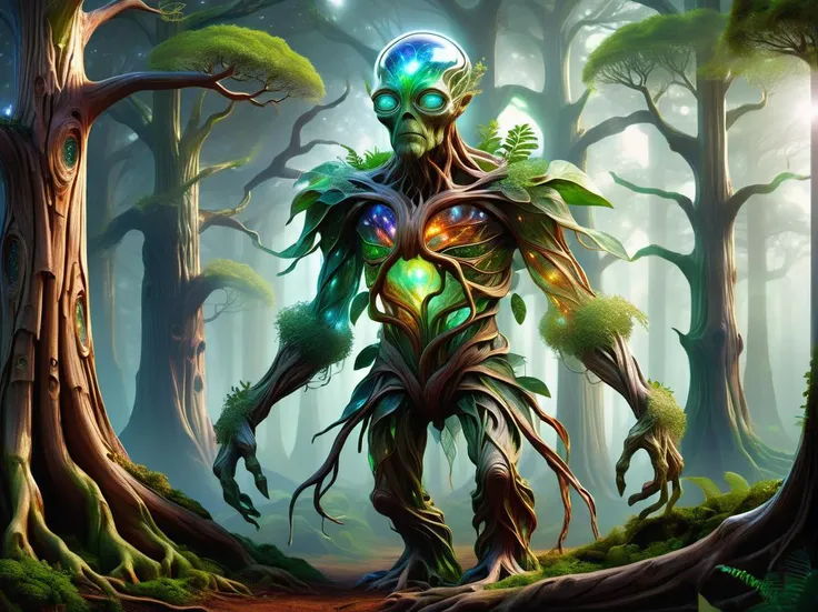 hyper detailed masterpiece, dynamic realistic digital art, awesome quality,transparent, transluscent tree ent, fictional peaceful wise plantoid tree-like entity, walking tree, bark covered skin, woody features, limbs resembling branches and roots, guardianship of forests and nature <lora:DonMSp3ctr4lXL:0.8> DonMSp3ctr4lXL