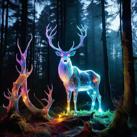 DonMSp3ctr4lXL, A phantom stag, antlers adorned with bioluminescent fungi, standing at the edge of a haunted forest clearing, bathed in the light of a spectral moon <lora:DonMSp3ctr4lXL:1> <lora:EnvyBetterHiresFixXL01:0:hr=1>