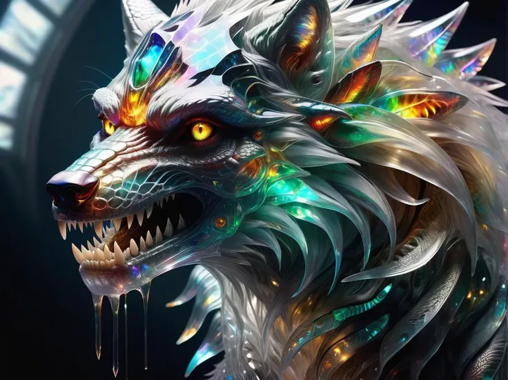 hyper detailed masterpiece, dynamic realistic digital art, awesome quality,transparent, transluscent space wolf, female human, human head and face, scaly reptilian  skin, slitted pupils, tail,mane, fingers with talons, sense of mystique and hidden power, dangerous  <lora:DonMSp3ctr4lXL:0.8> DonMSp3ctr4lXL