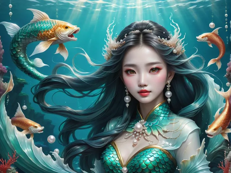 hyper detailed masterpiece, dynamic realistic digital art, awesome quality, jiaoren, Mermaid-like beings from Chinese mythology, known for their tears turning into pearls, benevolent and beautiful, associated with the sea and its mysteries, symbolize love, beauty, allure of the unknown, otherdimensional <lora:DonMSp3ctr4l-000008:0.8> DonMSp3ctr4l