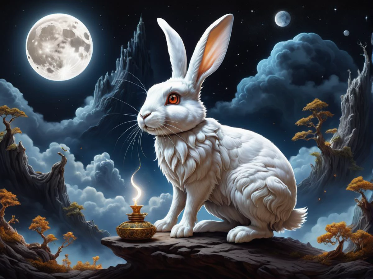 hyper detailed masterpiece, dynamic realistic digital art, awesome quality, moon rabbit, Mythical lunar creature, pounding an elixir of life, immortality and longevity, gentle and serene, connection to lunar deities, symbol of selflessness and sacrifice, unusual,open,majestic,fumigant,fantastical,exploration,celebrations,wide skies,reactive,fluid <lora:DonMSp3ctr4l-000008:0.8> DonMSp3ctr4l