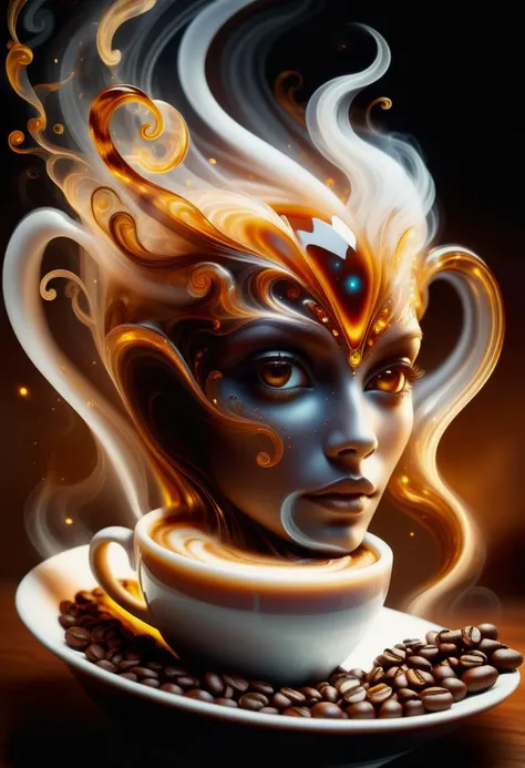 hyper detailed masterpiece, dynamic, awesome quality,female coffee spirit, transparent Ethereal entity embodying the essence of coffee,
aroma of freshly brewed coffee, eyes shimmer like coffee beans,
swirls of steam, human-like form, energy, inspiration, warmth, cozy morning, kitchen, spreading comfort and alertness,
accessories related to coffee culture, rising from a coffee cup <lora:DonMW15pXL-000008:0.5> <lora:DonMSp3ctr4l:0.65> DonMSp3ctr4l