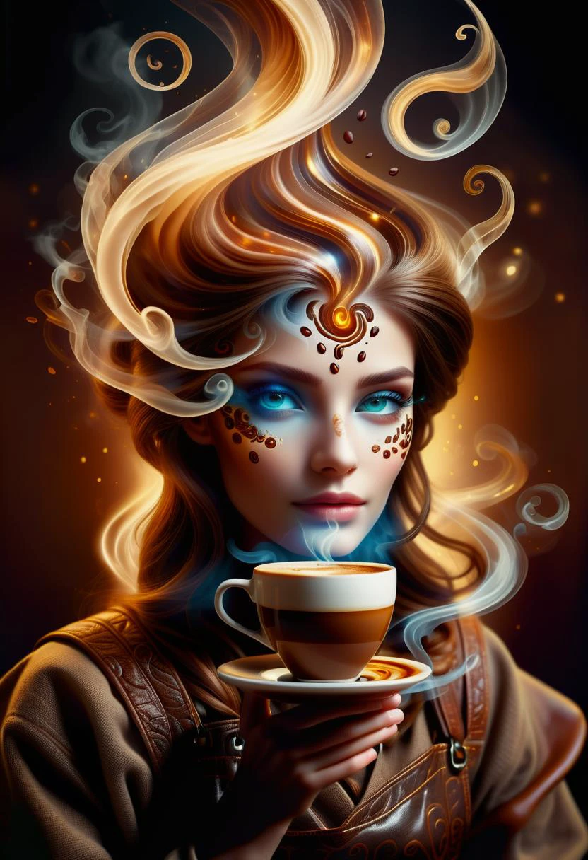 hyper detailed masterpiece, dynamic, awesome quality,female coffee spirit, transparent Ethereal entity embodying the essence of coffee,
aroma of freshly brewed coffee, eyes shimmer like coffee beans,
swirls of steam, human-like form, energy, inspiration, warmth, cozy morning, cafes, spreading comfort and alertness,
accessories related to coffee culture, barista apron <lora:DonMW15pXL-000008:0.5> <lora:DonMSp3ctr4l:0.65> DonMSp3ctr4l