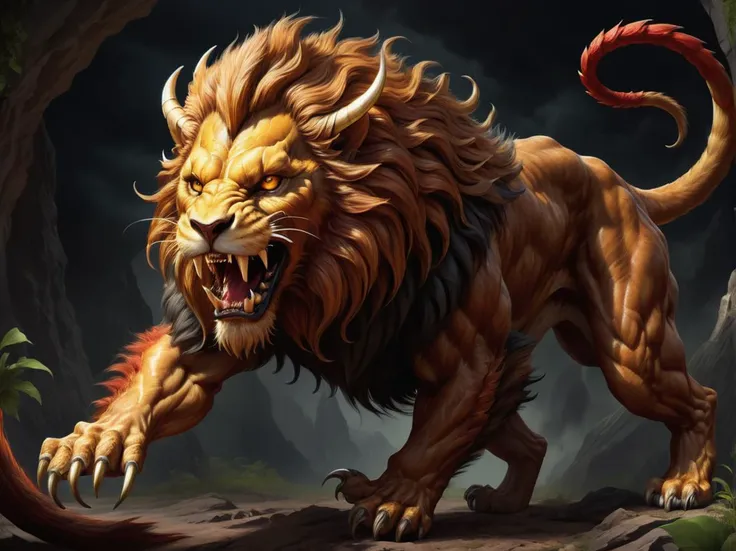 hyper detailed masterpiece, dynamic realistic digital art, awesome quality, manticore, mythical creature, lion body, venomous stinger tail ending, human face, sharp teeth, mane around head and neck, powerful muscular physique, horns, distinctive fierce expression, formidable legendary beast <lora:DonMSp3ctr4l-000008:0.8> DonMSp3ctr4l