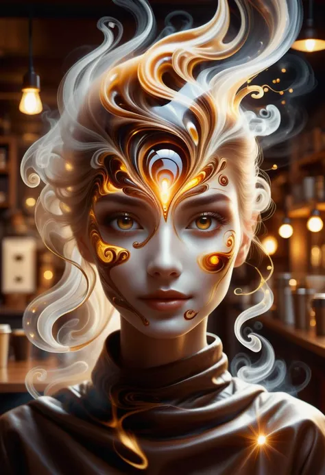 hyper detailed masterpiece, dynamic, awesome quality,female coffee spirit, transparent Ethereal entity embodying the essence of coffee,
aroma of freshly brewed coffee, eyes shimmer like coffee beans,
swirls of steam, human-like form, energy, inspiration, warmth, cozy morning, cafes, spreading comfort and alertness,
accessories related to coffee culture, barista apron <lora:DonMW15pXL-000008:0.5> <lora:DonMSp3ctr4l:0.65> DonMSp3ctr4l