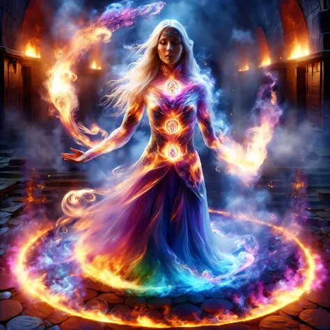 DonMSp3ctr4lXL mage summoning woman made of fire emerging from arcane ritual circle, smoke, magic runes, magic symbols, DonMW15pXL, <lora:DonMSp3ctr4lXL:0.8><lora:DonMW15pXL:0.8> , cobble stone dungeon in the background, (masterpiece:1.2), best quality, (hyperdetailed, highest detailed:1.2), high resolution textures, <lora:EnvyBetterHiresFixXL01:1>