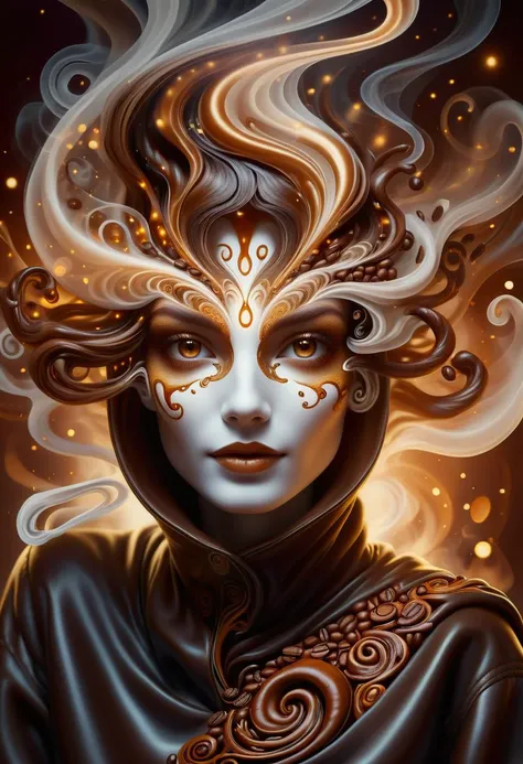 hyper detailed masterpiece, dynamic, awesome quality,female coffee spirit, Ethereal entity embodying the essence of coffee,
aroma of freshly brewed coffee, eyes shimmer like coffee beans,
swirls of steam, human-like form, energy, inspiration, warmth, cozy morning, bar, spreading comfort and alertness,
accessories related to coffee culture, coffee cup <lora:DonMW15pXL-000008:0.5> <lora:DonMSp3ctr4l:0.65> DonMSp3ctr4l