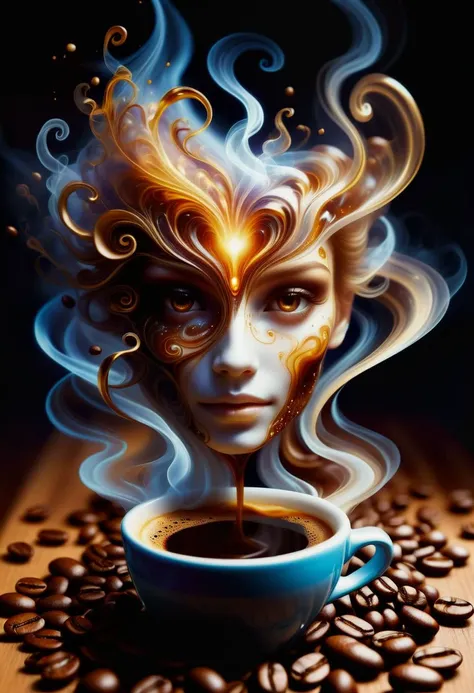 hyper detailed masterpiece, dynamic, awesome quality,female coffee spirit, transparent Ethereal entity embodying the essence of coffee,
aroma of freshly brewed coffee, eyes shimmer like coffee beans,
swirls of steam, human-like form, energy, inspiration, warmth, cozy morning, bar, spreading comfort and alertness,
accessories related to coffee culture, rising from a coffee cup <lora:DonMW15pXL-000008:0.5> <lora:DonMSp3ctr4l:0.65> DonMSp3ctr4l