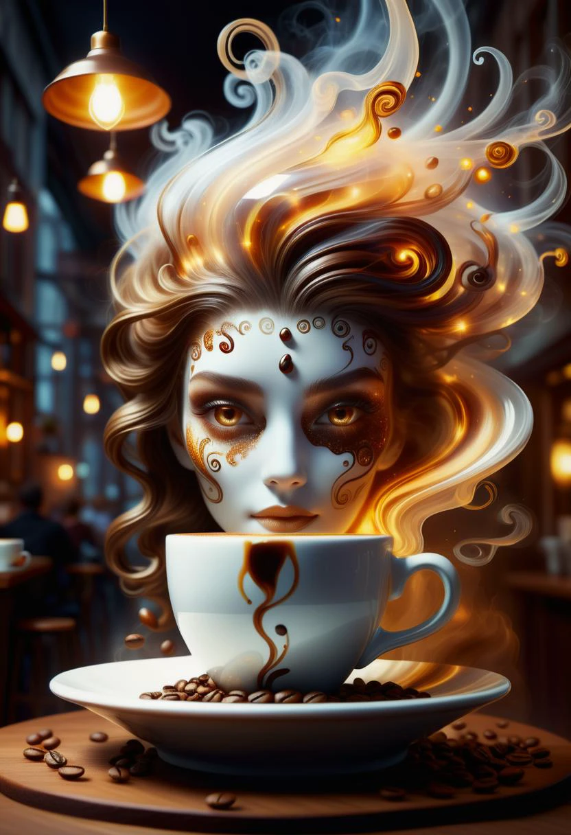 hyper detailed masterpiece, dynamic, awesome quality,female coffee spirit, transparent Ethereal entity embodying the essence of coffee,
aroma of freshly brewed coffee, eyes shimmer like coffee beans,
swirls of steam, human-like form, energy, inspiration, warmth, cozy morning, cafes, spreading comfort and alertness,
accessories related to coffee culture, rising from a coffee cup <lora:DonMW15pXL-000008:0.5> <lora:DonMSp3ctr4l:0.65> DonMSp3ctr4l