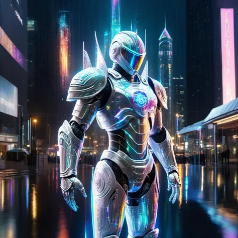 DonMSp3ctr4lXL, An ethereal cyber knight in holographic armor, standing in silent vigil over a futuristic cityscape, as a digital rain falls through them <lora:DonMSp3ctr4lXL:1> <lora:EnvyBetterHiresFixXL01:0:hr=1>