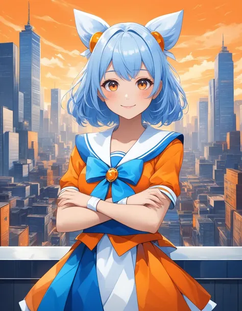 masterpiece, best quality, highly detailed, anime style, urban portrait, front-facing magical girl with a bright smile, wearing a sailor-style magical outfit with white and blue colors, striking a cute pose with arms gently crossed in front of her, cityscape background with orange accents, abstract and fragmented style, vibrant blue, white, and orange color palette, modern artistic composition, smooth shading, dynamic background with bold, abstract lines
<lora:add-detail-xl:2>