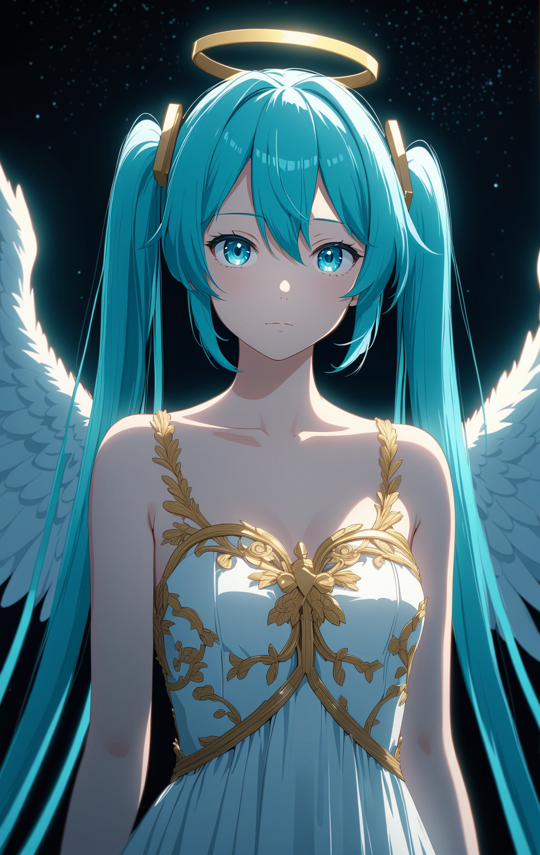 A woman with blue hair and angel wings in a white dress - SeaArt AI