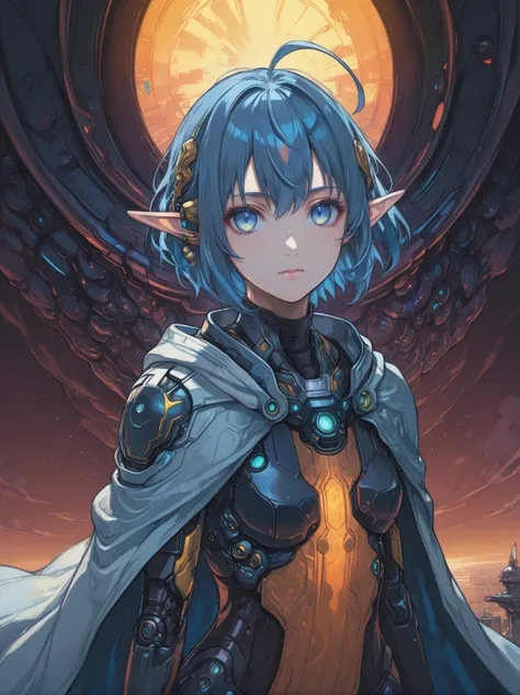 <lora:yukihiro_kajimoto_so2r_xl:0.8> <lora:IOS_Iridescent_opal_style:0.6> star ocean, 1girl, rena lanford, ahoge, armor, blue_eyes, blue_hair, boots, cape, full_body, hair_ornament, pleated_skirt, pointy_ears, short_hair, [woman:robot joints:0.6], [armpits:mecha:0.5], [evangelion:cyberpunk edgerunners:0.5], [lens flare:opal:06], intricate detail, cinematic lighting, amazing quality, amazing shading, detailed Illustration, official artwork, wallpaper, official art, extremely detailed eyes and face, beautiful detailed eyes, ((masterpiece, best quality)), (from behind), upper body, (thigh gap), <lora:amano_yoshitaka_xl:0.5> amano yoshitaka