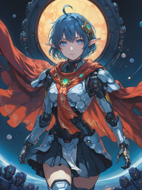 <lora:yukihiro_kajimoto_so2r_xl:0.8> <lora:IOS_Iridescent_opal_style:0.6> star ocean, 1girl, rena lanford, ahoge, armor, blue_eyes, blue_hair, boots, cape, full_body, hair_ornament, pleated_skirt, pointy_ears, short_hair, [woman:robot joints:0.6], [armpits:mecha:0.5], [evangelion:cyberpunk edgerunners:0.5], [lens flare:opal:06], intricate detail, cinematic lighting, amazing quality, amazing shading, detailed Illustration, official artwork, wallpaper, official art, extremely detailed eyes and face, beautiful detailed eyes, ((masterpiece, best quality)), (from behind), upper body, (thigh gap), <lora:amano_yoshitaka_xl:0.5> amano yoshitaka