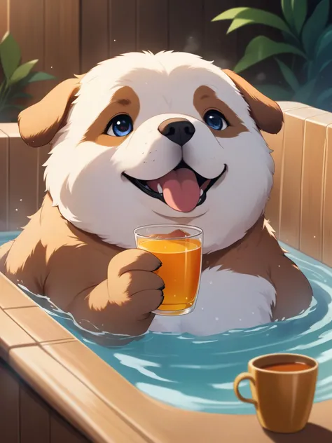 2020's style, giggling adorable fat puppy is holding cellphone taking bath in spa and drinking a tea, paws, cinematic, detailed body, detailed eyes, 8K, best quality, full sharp, highly detailed, skin pores, natural skin texture, extreme quality