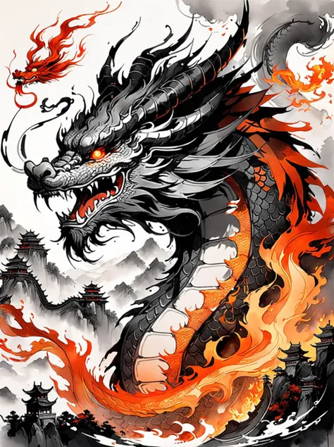 dynamink, dyi, <lora:dynamink:0.7> , Chinese Ink Painting of a Chinese dragon, fire, fantasy, digital art, intricate detailed,