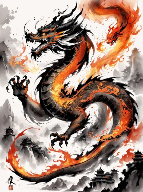 dynamink, dyi, <lora:dynamink:0.85> , Chinese Ink Painting of a Chinese dragon, fire, fantasy, digital art, intricate detailed,