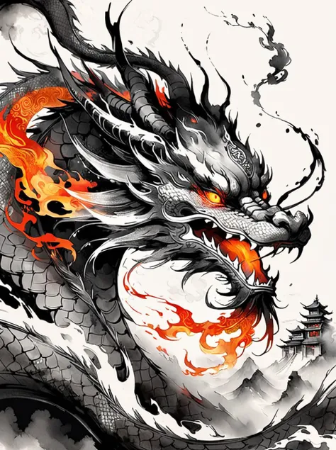 dynamink, dyi, <lora:dynamink:0.7> , Chinese Ink Painting of a Chinese dragon, fire, fantasy, digital art, intricate detailed,