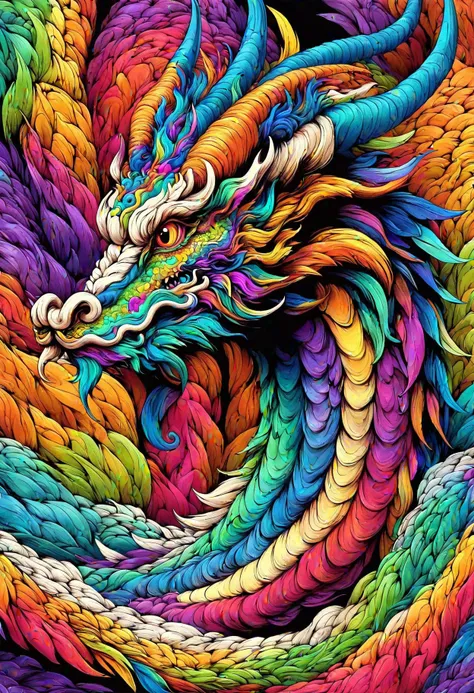 DonMM3l4nch0l1cP5ych0XL,vibrant, psychodelic, a nestled lava air celestial Chinese Dragon, feathers skin, frills, crested head, pointed horns segmented tails, , <lora:DonMM3l4nch0l1cP5ych0XL-000004:0.8>