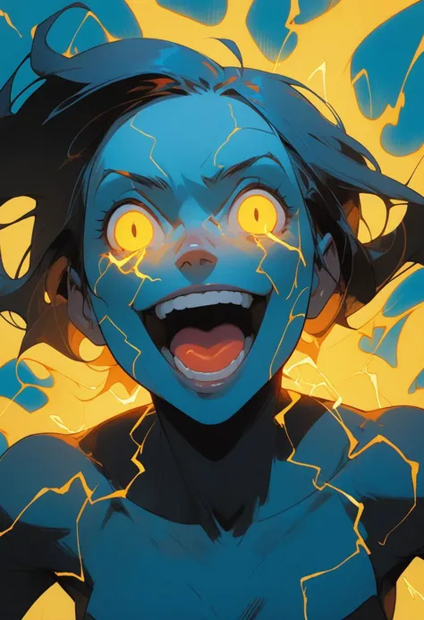 tempera painting by esad ribic, yellow on blue background, floating head, female focus, cheeky grin, hysterical laughter, clenching, straight on, ember background, electricity, close-up, face focus, foreshortening