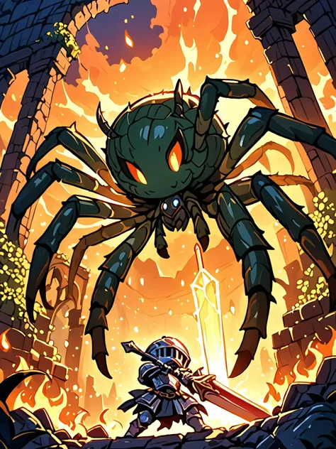 ((masterpiece, best quality, hyper detailed, UHD, HDR)), wide-angle lens, view from a 45-degree angle, from below, this is a world of giants except for humans, hairy spider monster, hairy spider in macro photography,
a <lora:XL_Chibi_Knights_-_by_HailoKnight:.85> Chibi Knight with her shining full plate armor encounters a hairy spider underground in the ancient ruins at Sunset, an epic battle starts!, This is an epic scene, the brave Chibi Knight holds a sword to resist the attack of the hairy spider, scattered flames in the background, moss covered wood, natural light, turbulent and dramatic skies, cinematic composition, movie-level special effects, <lora:EnvyBetterHiresFixXL01:.80>, <lora:extremely_detailed:.75> extremely detailed,