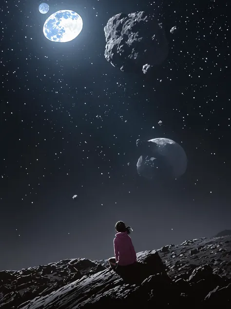 girl in jogging clothes, sitting on a small hill looking at the night sky, fflix_dmatter, back view, seeing a colossal asteroid made of ral-vlntxplzn slamming into the Moon, debris flies everywhere, ultra-realistic, extremely detailed, <lora:add-detail-xl:1> <lora:DarkMatterXLv2:0.6> <lora:ral-vlntxplzn-sdxl:0.8>