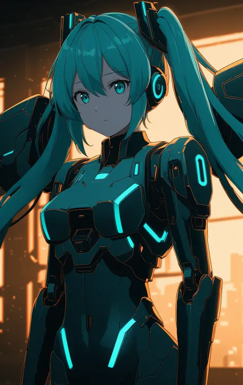masterpiece, best quality, hatsune miku, (mecha suit:0.8), tight suit, upper body, closed mouth, looking at viewer, arms behind back, highres, 4k, 8k, intricate detail, cinematic lighting, amazing quality, amazing shading, soft lighting, Detailed Illustration, anime style, wallpaper