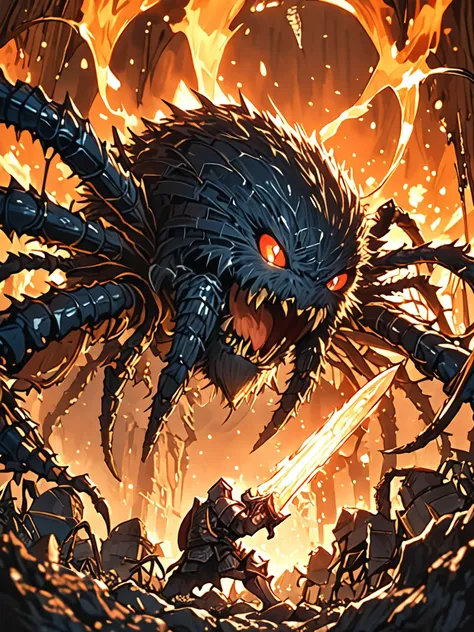 amazing quality, masterpiece, best quality, hyper detailed, ultra detailed, UHD, HDR, wide-angle lens, view from a 45-degree angle, from below, this is a world of giants except for humans, hairy spider monster, hairy spider in macro photography,
a Chibi Knight encounters a hairy spider underground at ancient ruins, epic battle, epic scene, the knight holds a sword to resist the attack of the hairy spider, dead silence, flame in the background, dry wood, cinematic composition, movie-level special effects, <lora:XL_boss_battle:1.0>, Bosstyle, <lora:add-detail-xl:0.75>, <lora:angryXL:0.85> angry, <lora:EnvyBetterHiresFixXL01:1.0>, <lora:extremely_detailed:1.2> extremely detailed, <lora:XL_Chibi_Knights_-_by_HailoKnight:.85>