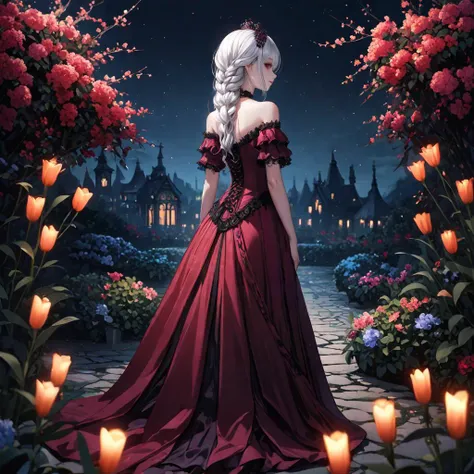 <lora:add-detail-xl:0.6>,<lora:DetailedEyes_V3:0.8>,<lora:aesthetic_anime_v1s:0.6>,21yo vampire woman kissing,wearing gothic style long dress,with purple stripes and a big loop ontop of her head,(white hair:1.1),lips(darkred),eyes(darkred),corset is striped with purple vertikal stripes,((hair_loop:1.2)),contour_deepening,violet,plum,walking in a moonless night,garden,darkness,from behind,women is noticing viewer and grin,background light,flowers[ice:fire],dark colors,, (masterpiece),(best quality), wallpaper, extreme detail, absurdres,