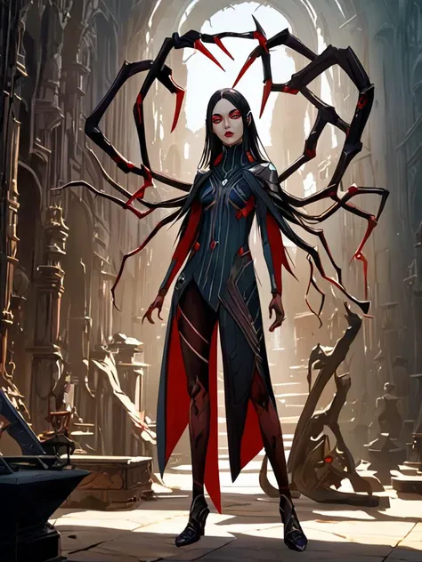 tall girl with hip figure, artful makeup, asymmetric textured outfit with prominent seams, layered clothing, shoulder-length hair, diverse accessories, emotive eyebrows, unusual eye shape with detail, long thin limbs, interesting setting stuff in background, detailed props, shadows and depth, subtle magitech