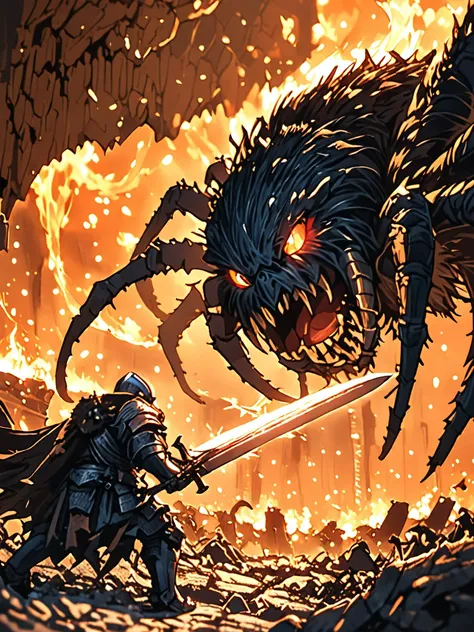 amazing quality, masterpiece, best quality, hyper detailed, ultra detailed, UHD, HDR, wide-angle lens, view from a 45-degree angle, from below, this is a world of giants except for humans, hairy spider monster, hairy spider in macro photography,
a Chibi Knight encounters a hairy spider underground at ancient ruins, epic battle, epic scene, the knight holds a sword to resist the attack of the hairy spider, dead silence, flame in the background, dry wood, cinematic composition, movie-level special effects, <lora:XL_boss_battle:1.0>, Bosstyle, <lora:add-detail-xl:0.75>, <lora:angryXL:0.85> angry, <lora:EnvyBetterHiresFixXL01:1.0>, <lora:extremely_detailed:1.2> extremely detailed, <lora:XL_Chibi_Knights_-_by_HailoKnight:.85>